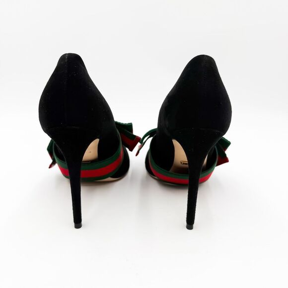 Gucci Heels Web Stripe Bow Black Suede Pumps Heels EU 37.5 US 7.5 - Picture 4 of 14
